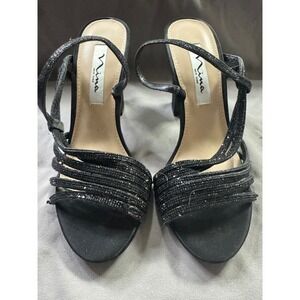Nina New York Strappy Glitter Sandals Size 7M Black Sparkly Block Heel Evening